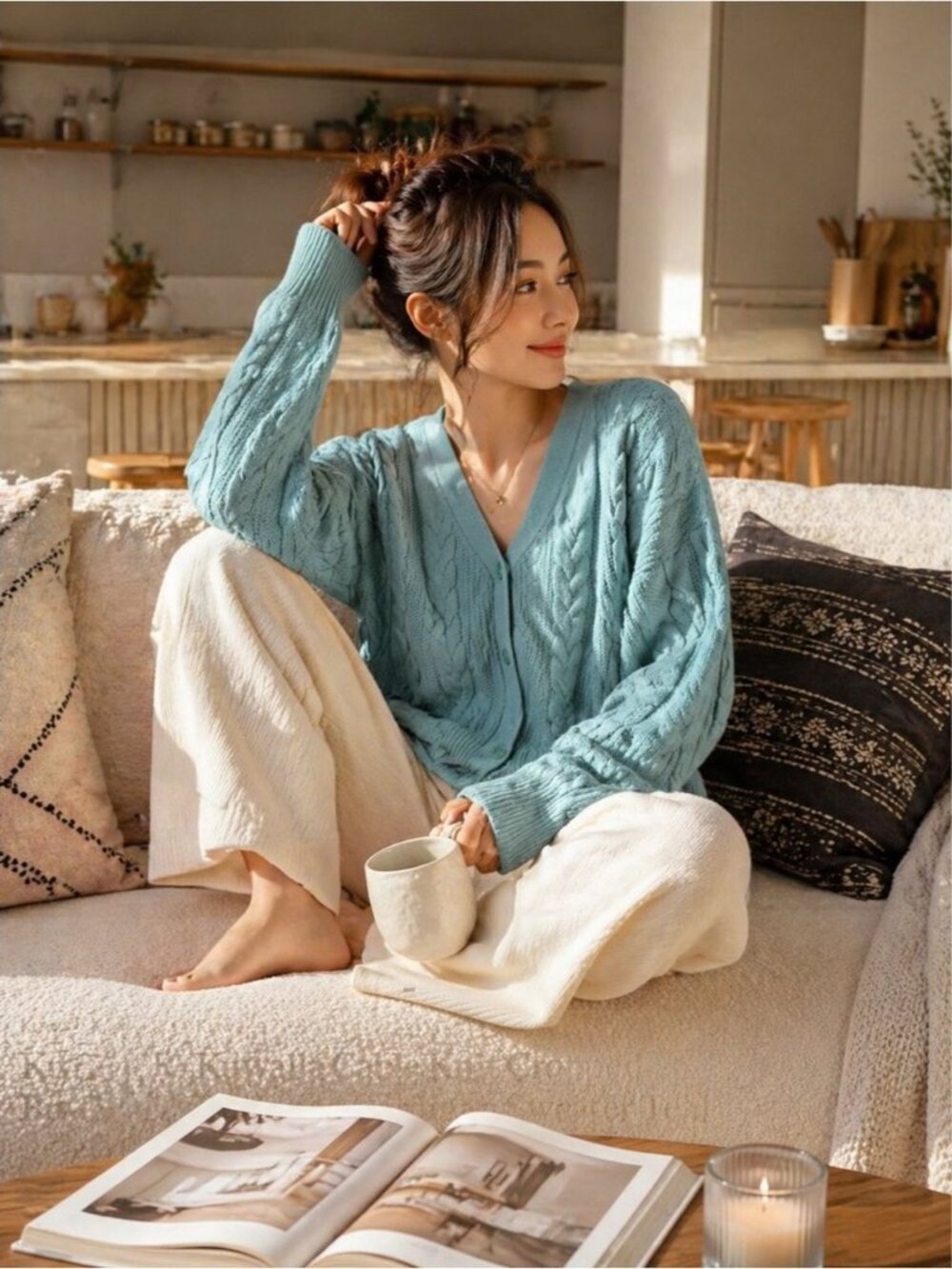 Kuwalla Cable Knit Cropped Buttoned Cardigan Sweater Teal Cozy Boho Size S Relax - Picture 2 of 13